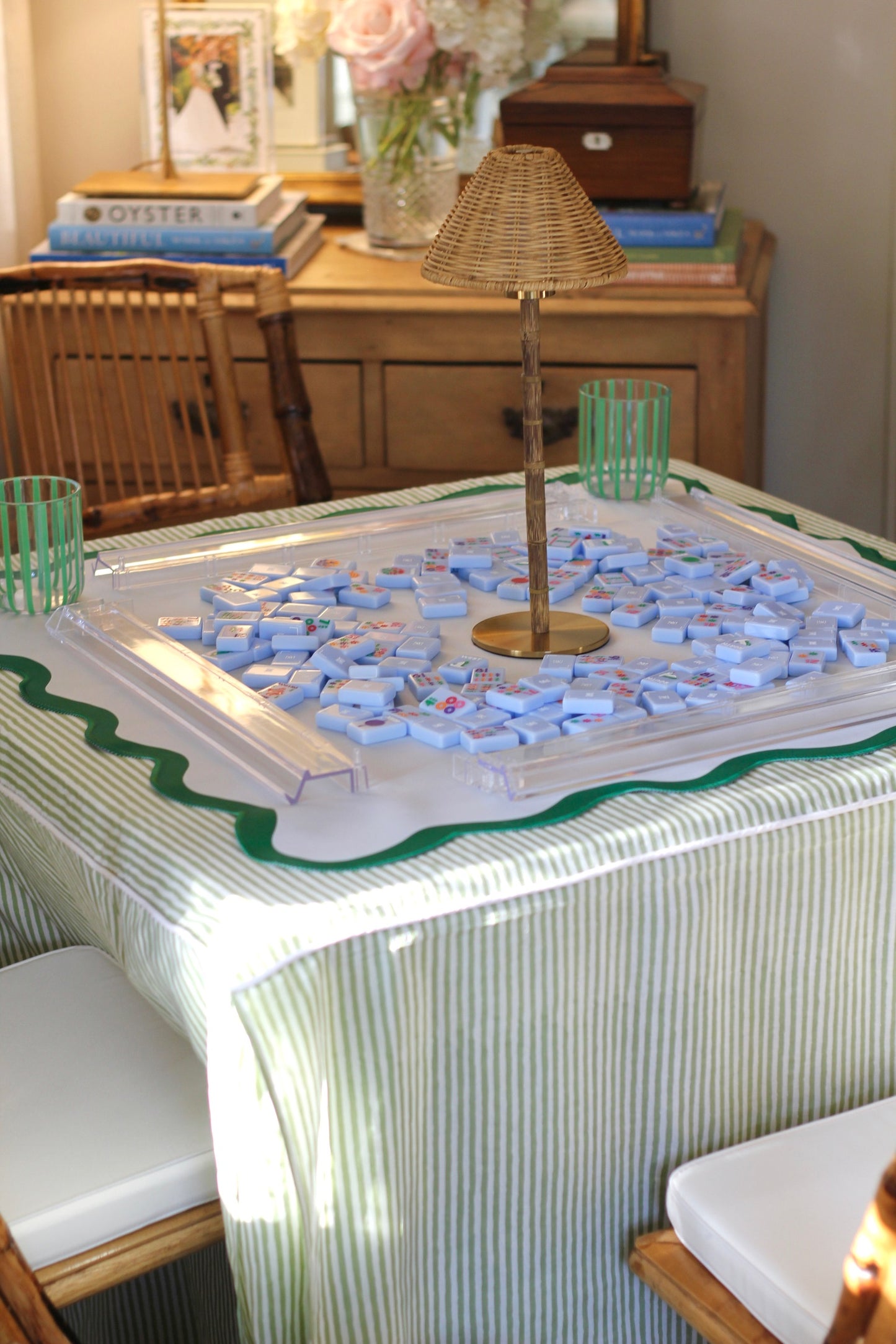 Green and White Stripe Game Tablecloth