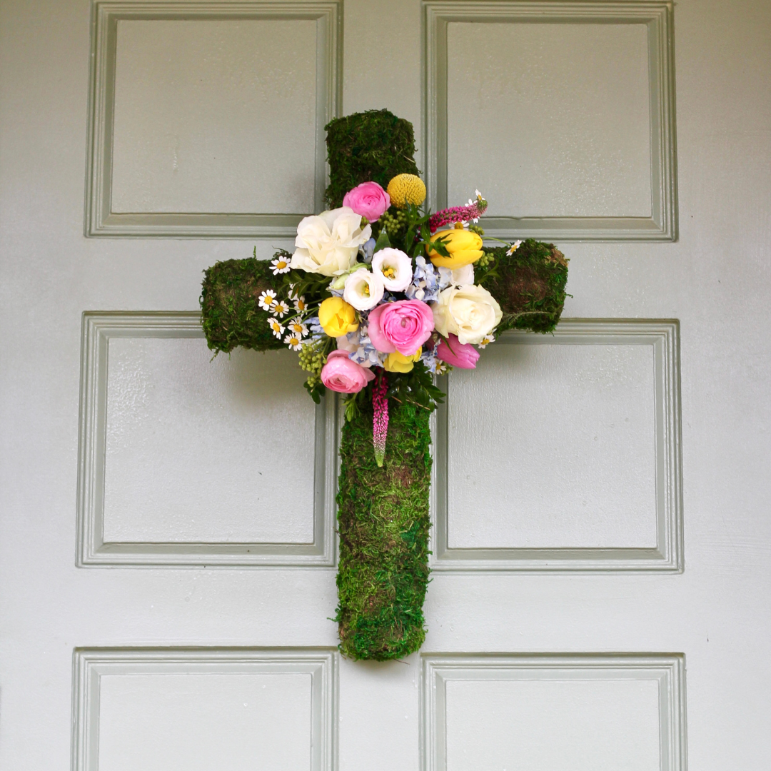 20" Thick Moss Cross with Flowers Easter Pre-Order
