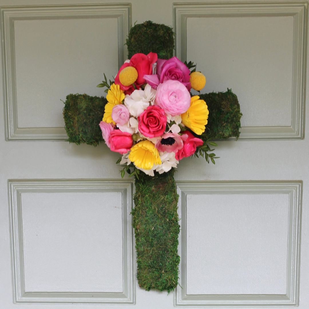 19" Thin Moss Cross with Flowers Easter Pre-Order