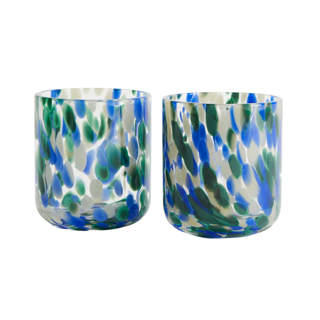 Blue and Green Speckled Lowball Glasses