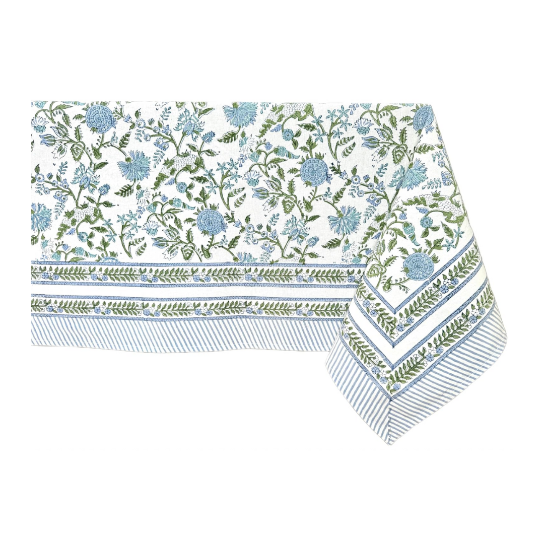 Blue and Green Handblock Floral Tablecloth