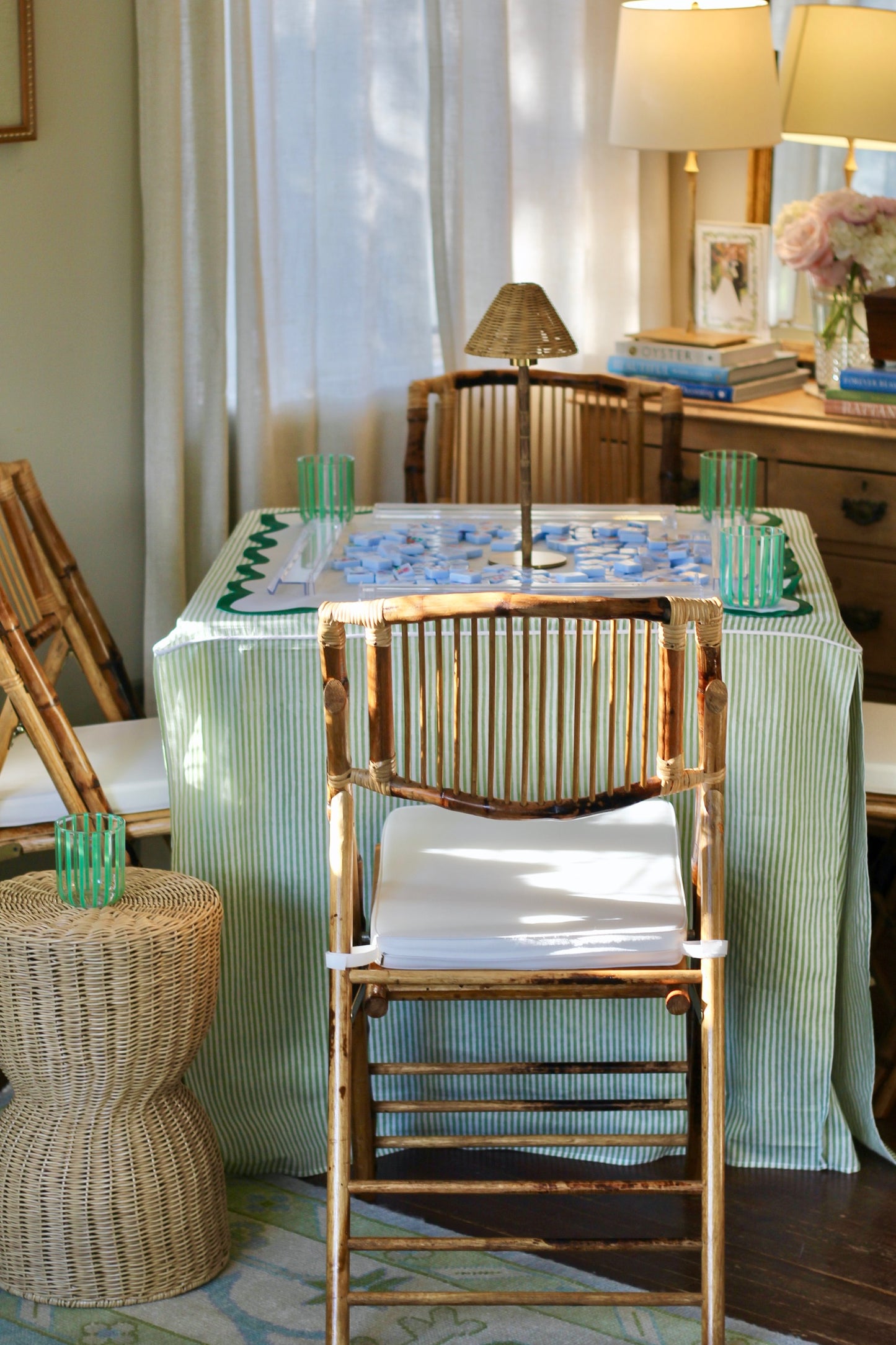 Green and White Stripe Game Tablecloth