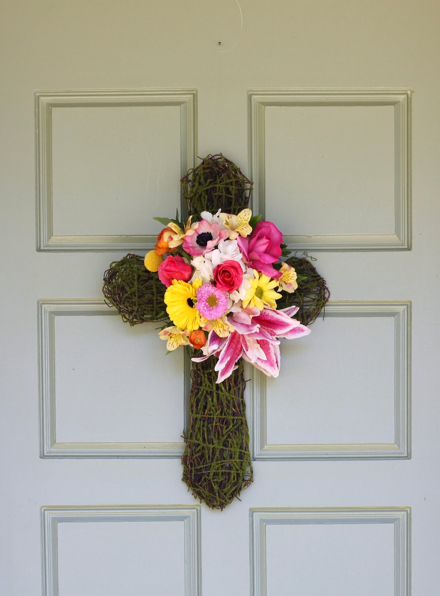 22" Light Moss Cross with Flowers Easter Pre-Order