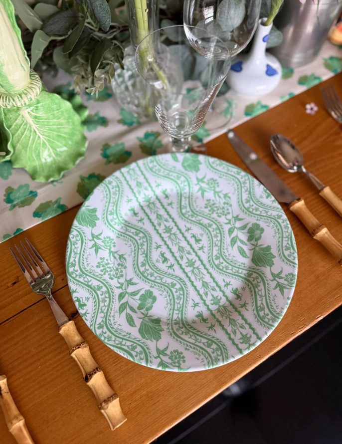 Green and White Patterned Melamine Dinner Plate
