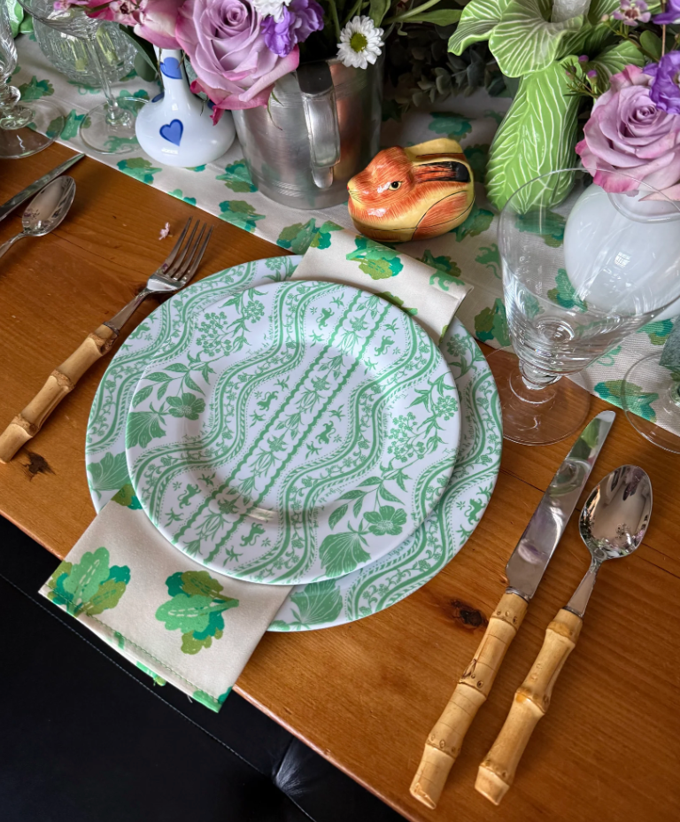 Green and White Patterned Melamine Dinner Plate