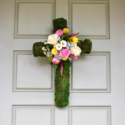 20" Thick Moss Cross with Flowers Easter Pre-Order