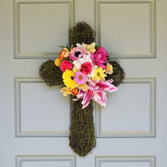 22" Light Moss Cross with Flowers Easter Pre-Order