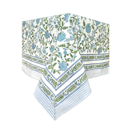 Blue and Green Handblock Floral Tablecloth