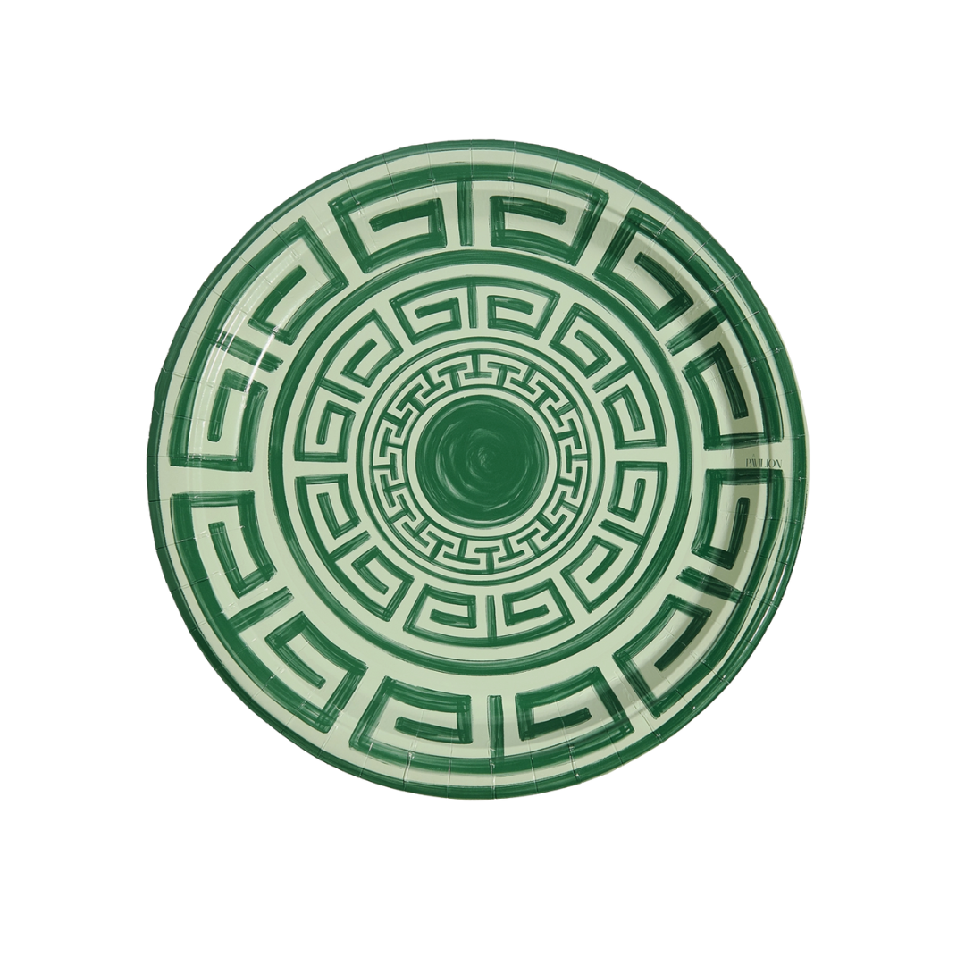 Greek Key Dinner Paper Plates in Sage & Forest