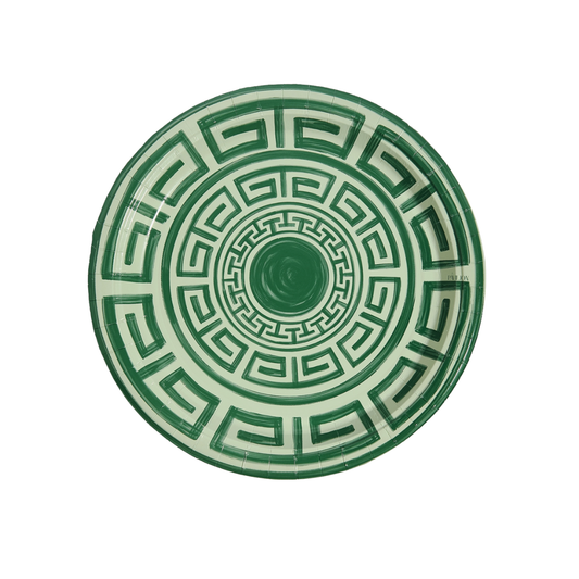 Greek Key Dinner Paper Plates in Sage & Forest