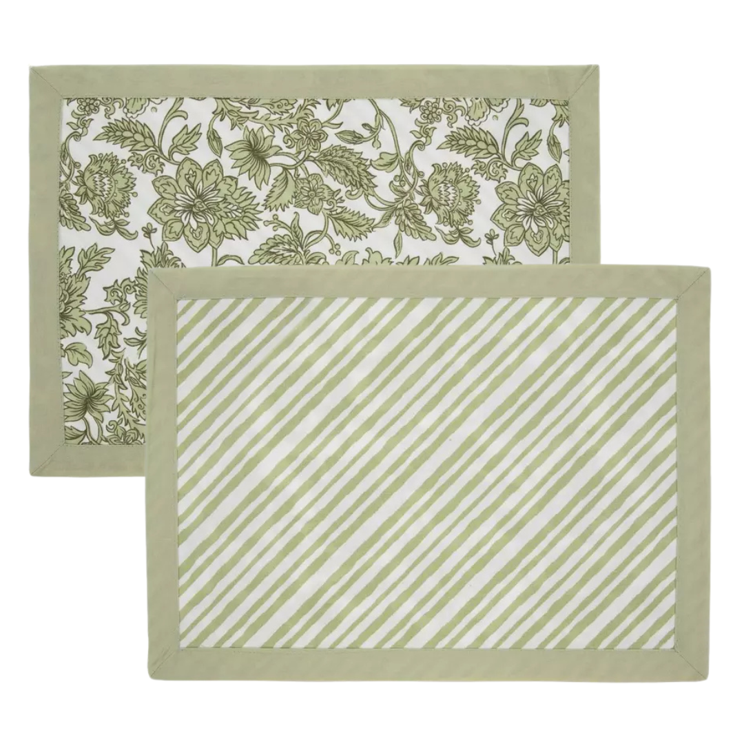 Green Floral and Stripe Reversible Placemats