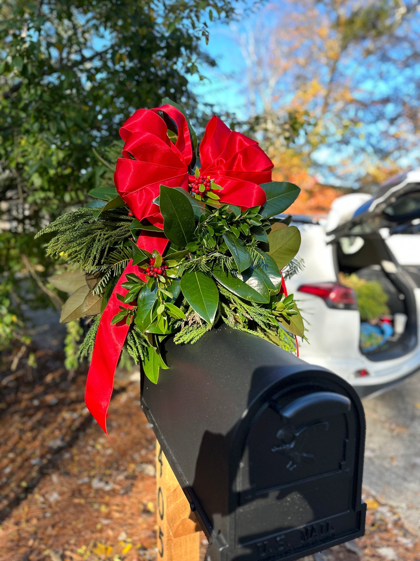 CHRISTMAS Mailbox Greenery Swag Decorated & Installed