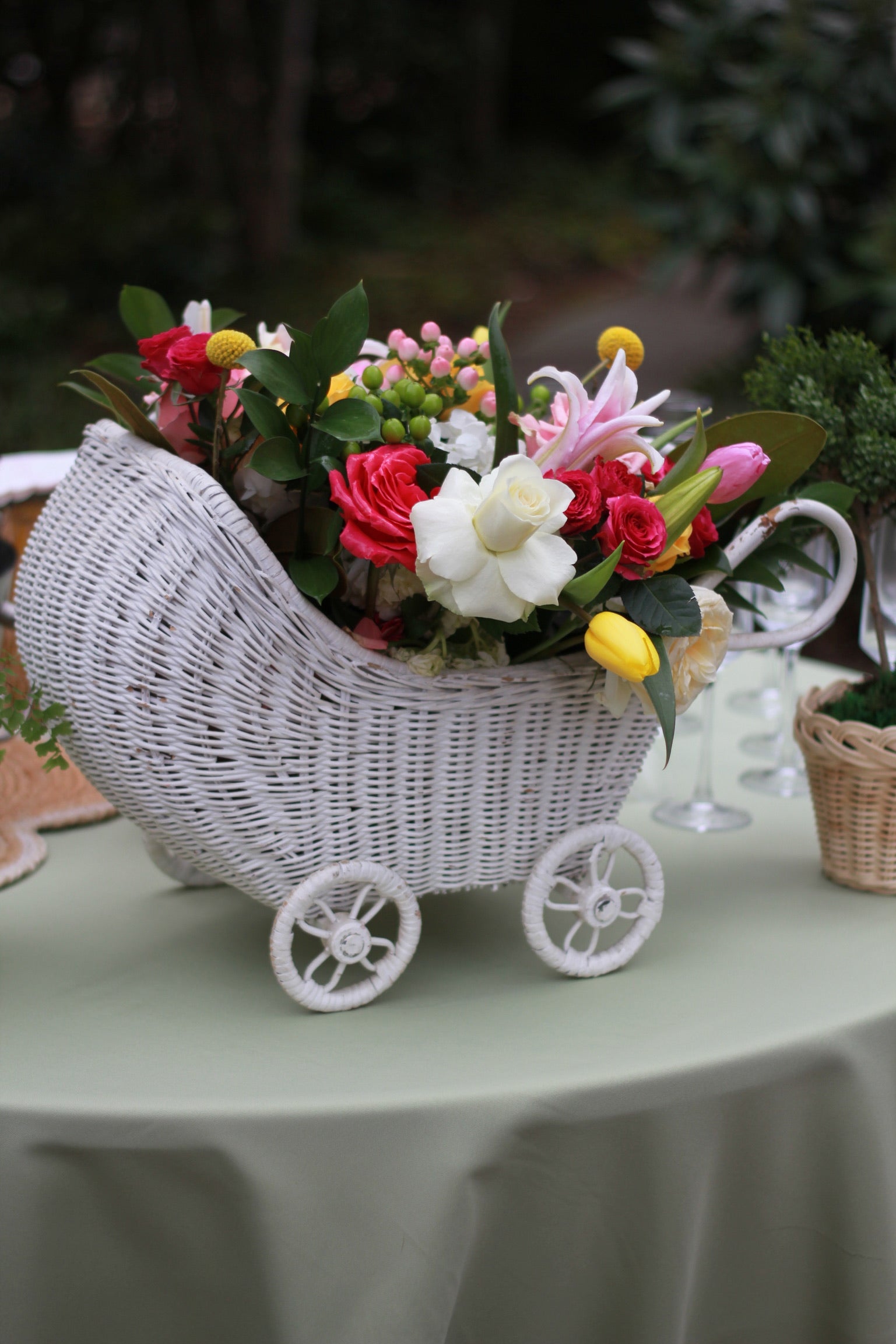 wicker baby carriage centerpiece Vintage Wicker Tabletop Carriage – Fete & Vignette