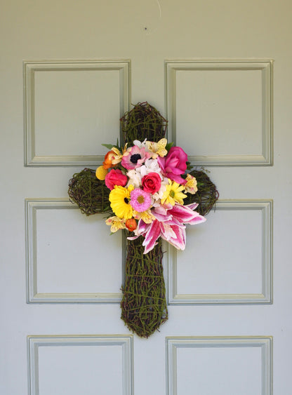 22" Light Moss Cross with Flowers Easter Pre-Order