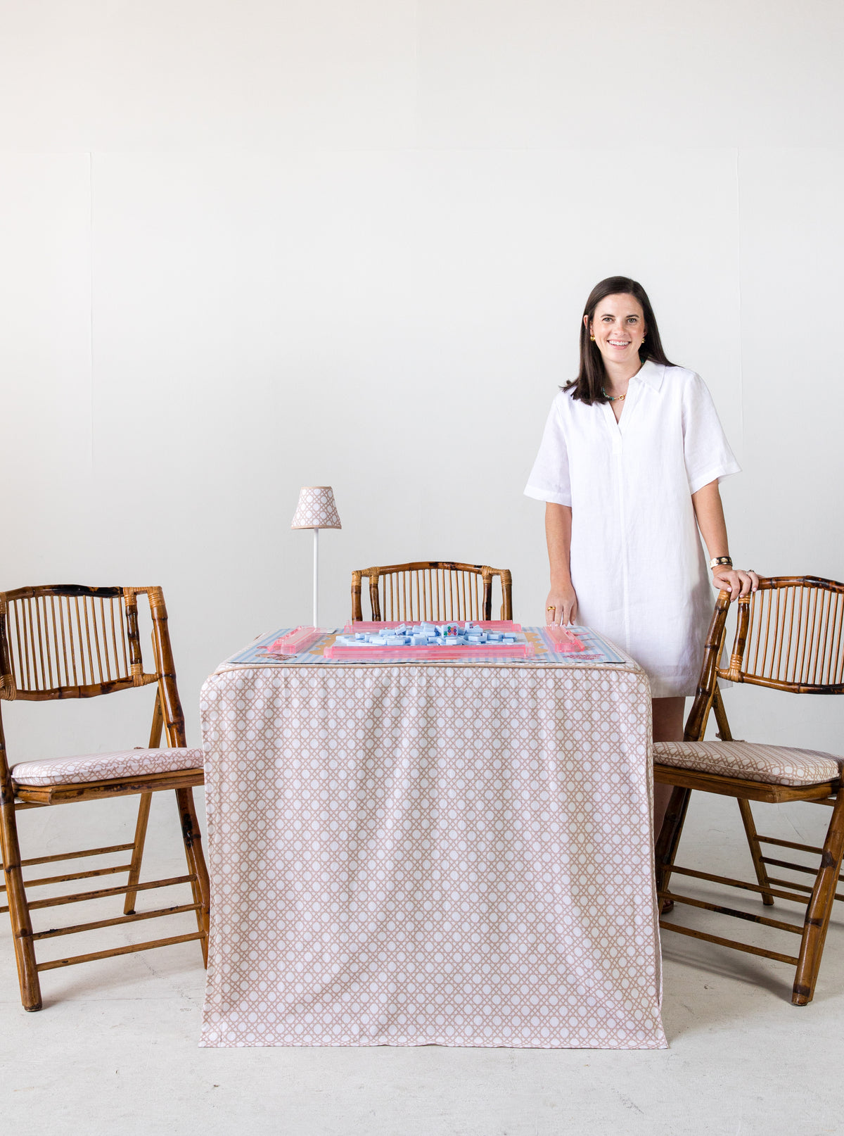 Full Length Fitted Card Tablecloth: Cane in Tan