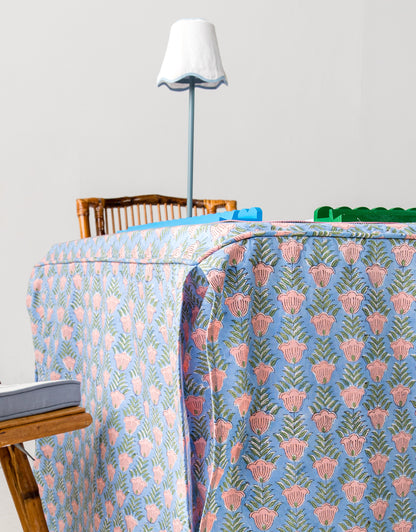 Full Length Fitted Card Tablecloth: Trailing Tulips in Blue